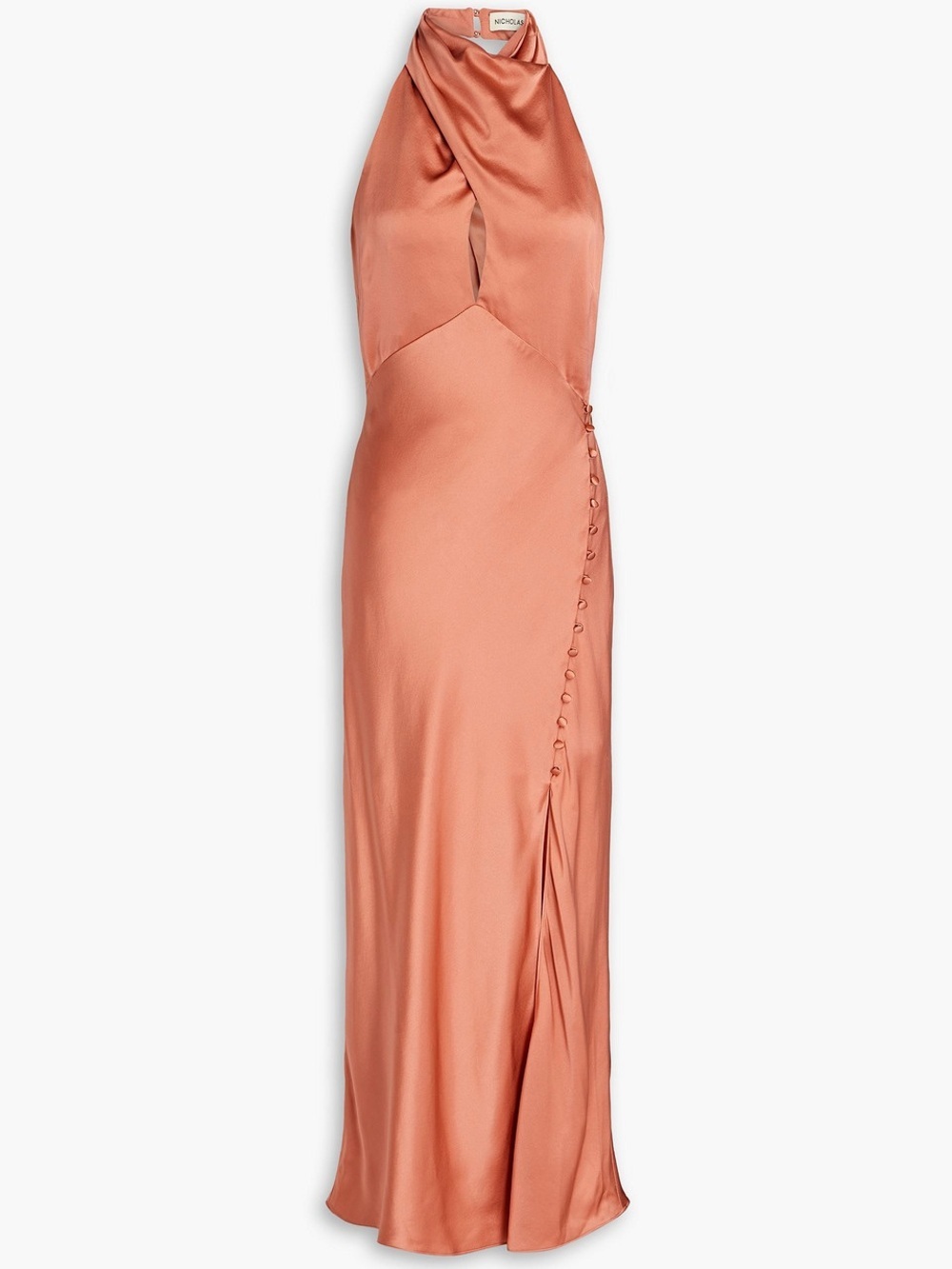 Nicholas Aline Halter Keyhole Satin Dress in Antique Rose